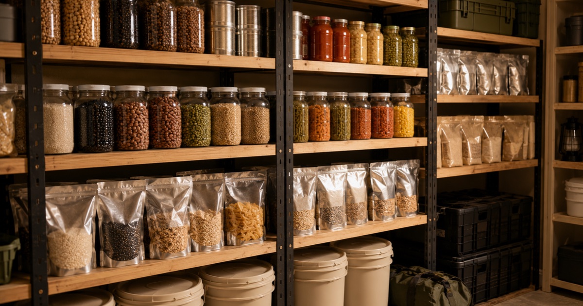 Shelves stocked with canned goods, rice, and shelf-stable emergency food