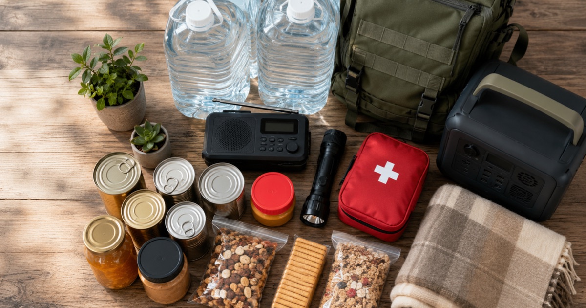 A prepared household with stored water, food, and emergency gear ready for El Niño 2026 storm season