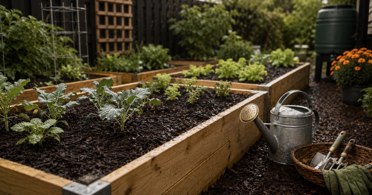 Raised garden beds with mulch and good drainage prepared for a rainy winter