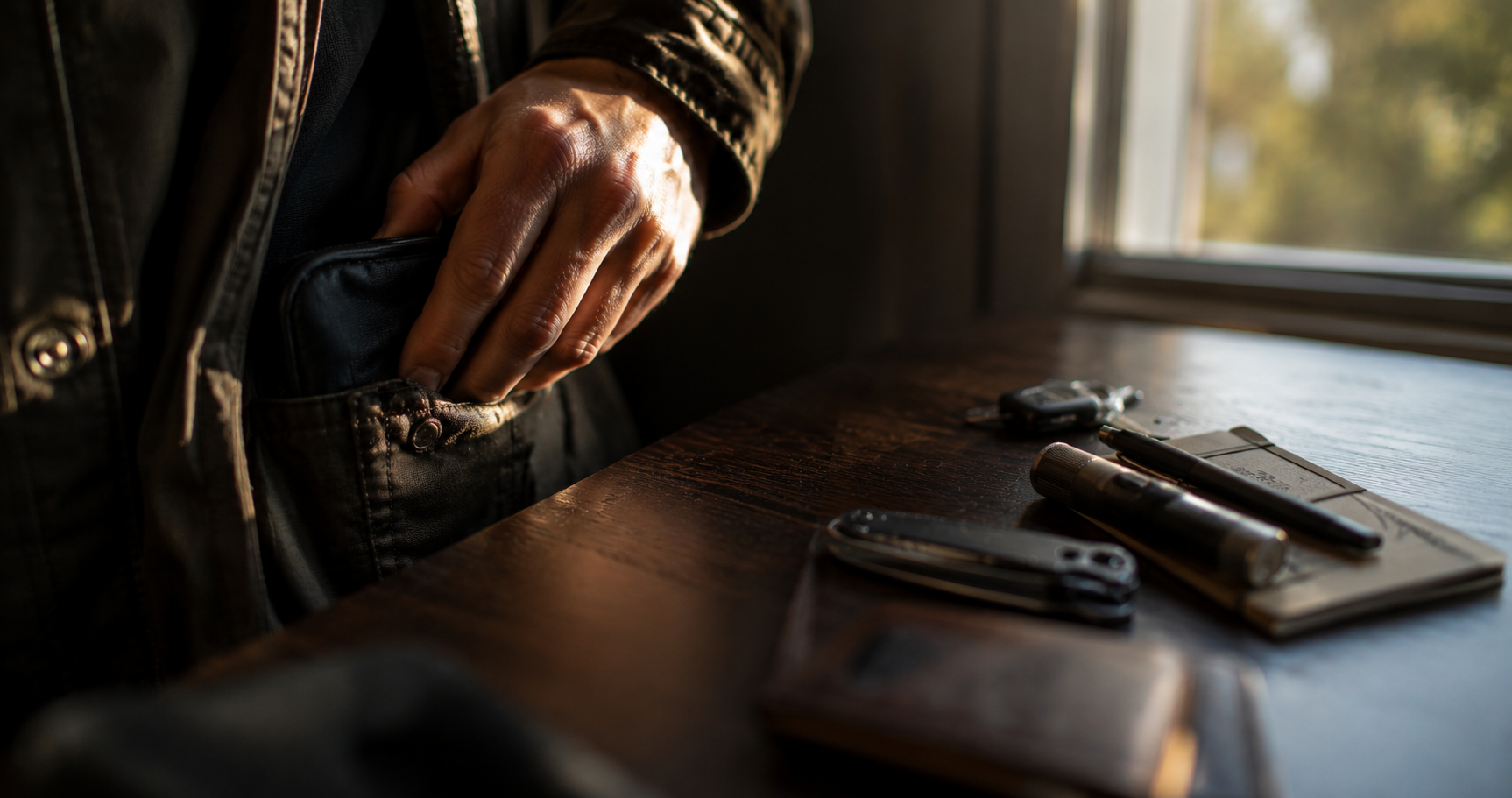 A flat lay of everyday-carry safety items including a personal alarm, a flashlight, a multi-tool, and a whistle