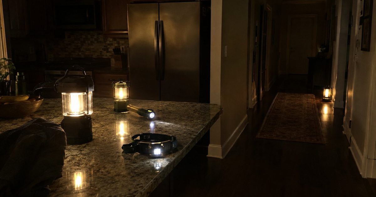 Battery LED lanterns lighting up a dark kitchen and hallway during a power outage