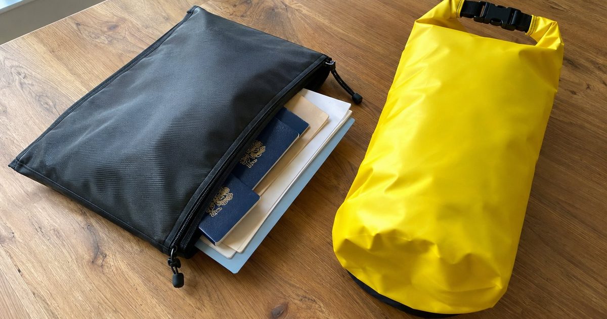 A fire-resistant document pouch and waterproof dry bag with passports and folders on a desk