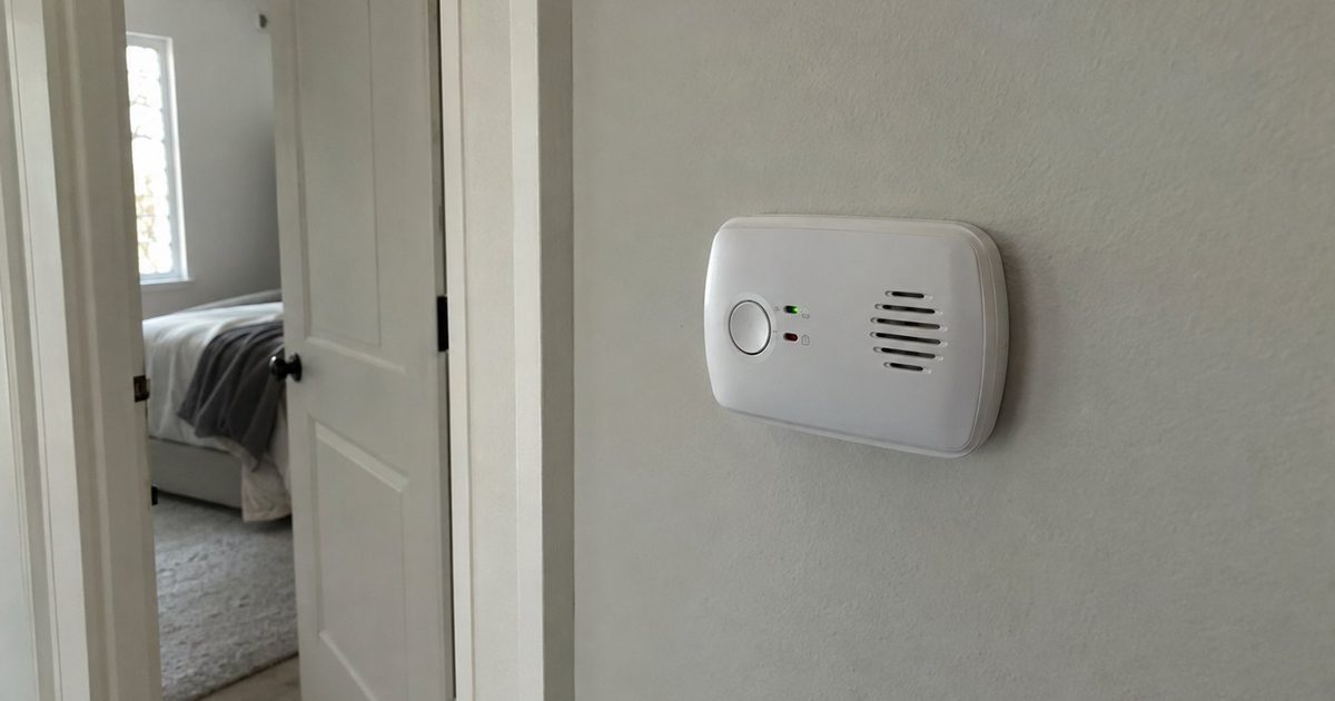A battery-powered carbon monoxide alarm mounted on a hallway wall near bedrooms