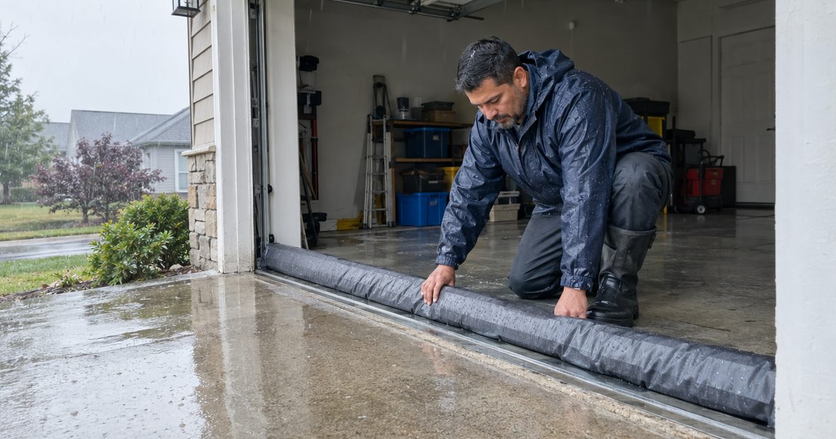 Water-activated flood barriers lined up across a garage door during heavy rain