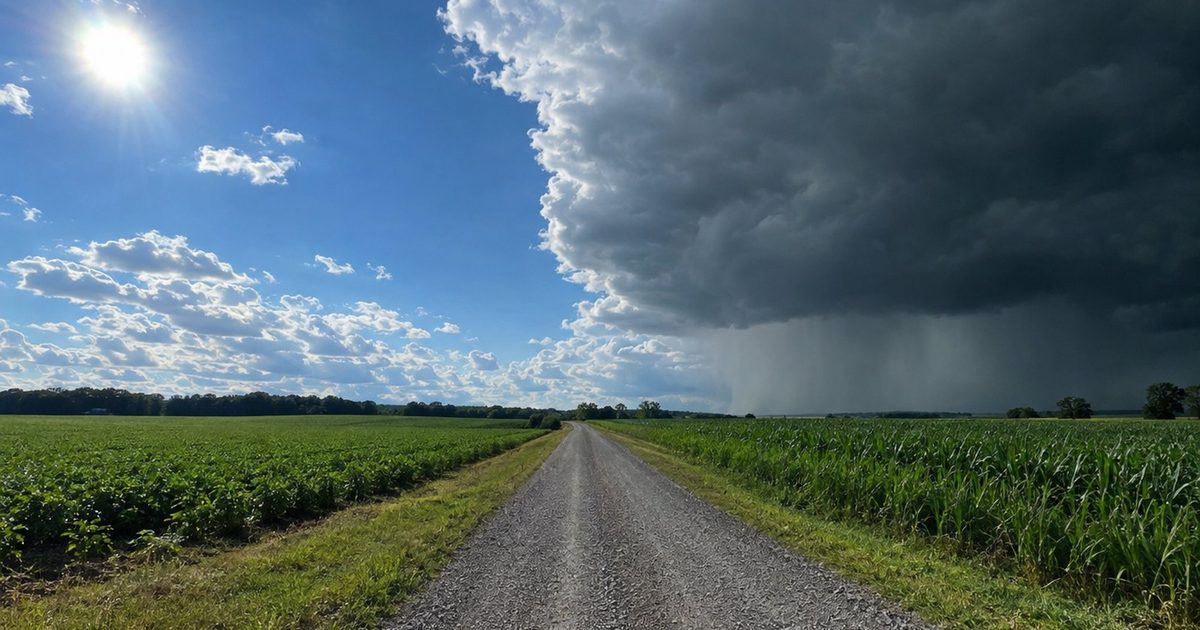 Split sky with sunshine on one side and dark rain clouds on the other over farmland