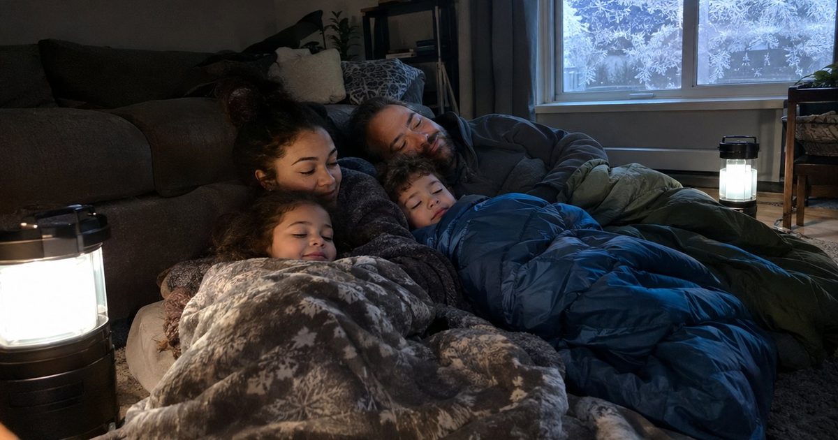 A family wrapped in blankets and sleeping bags in a living room during a winter power outage