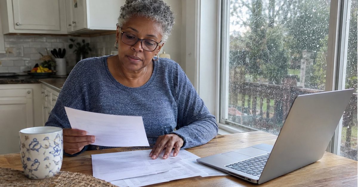 A homeowner reviewing an insurance policy at a kitchen table while rain falls outside