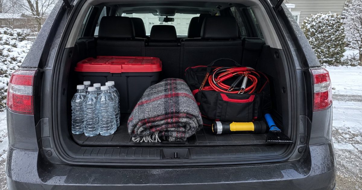 An open car trunk with an emergency kit, water bottles, a blanket, and jumper cables neatly organized