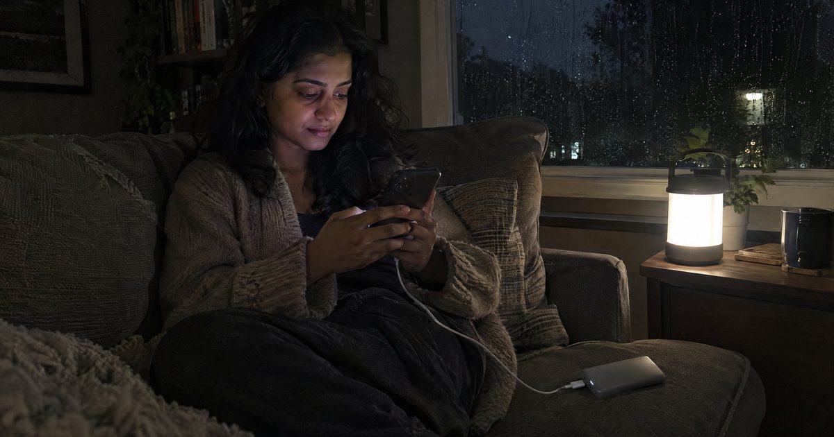 A woman charging her phone from a small power bank by lantern light during a power outage