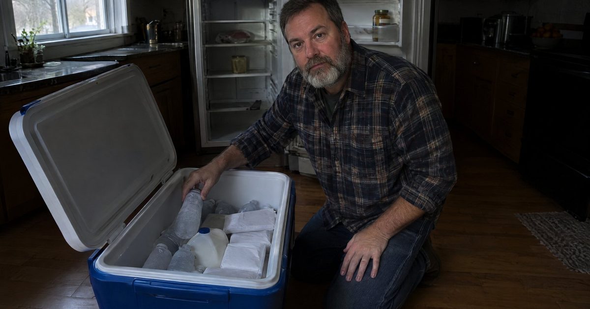 A man packing frozen water bottles and food into a cooler next to an open refrigerator