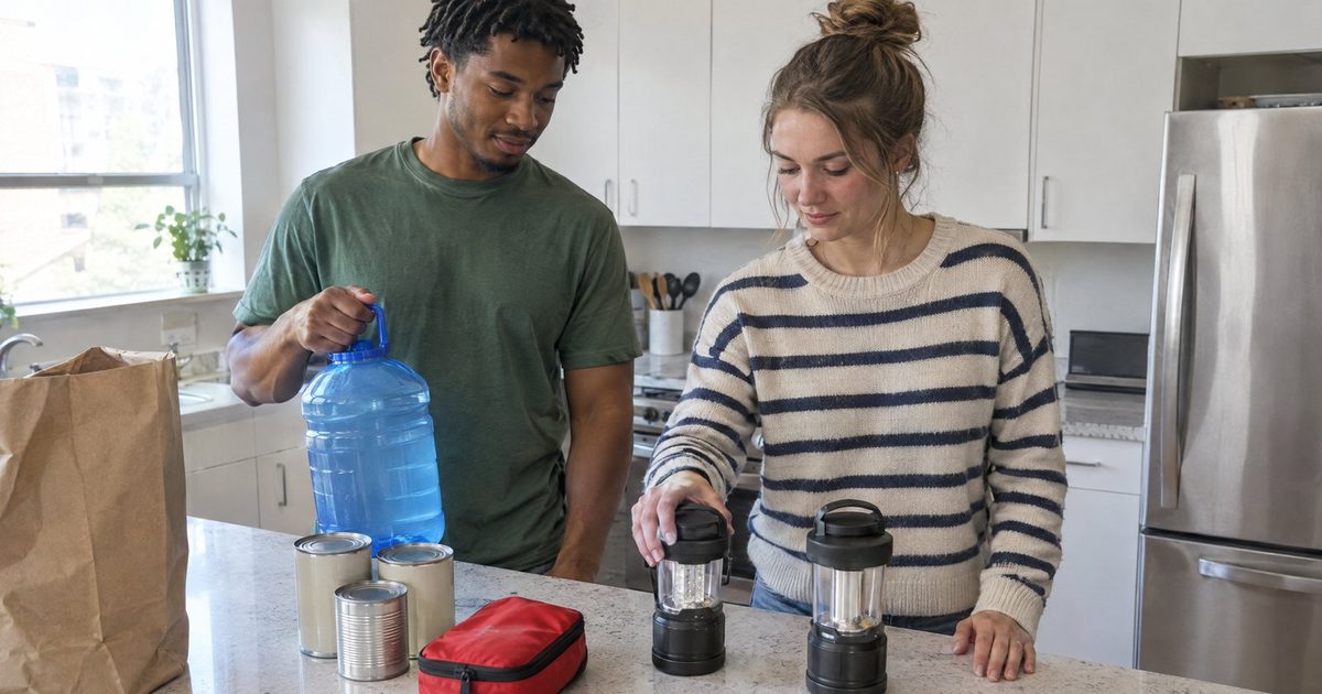 A young couple unpacking affordable emergency supplies onto a small apartment kitchen counter