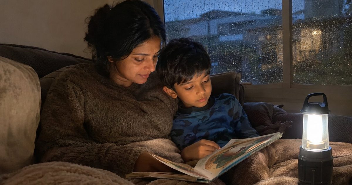A mother and young son sitting on a couch reading together by lantern light during a storm