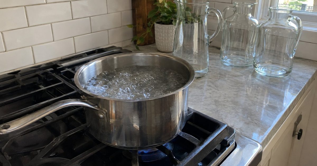 A pot of water boiling on a gas stove in a home kitchen