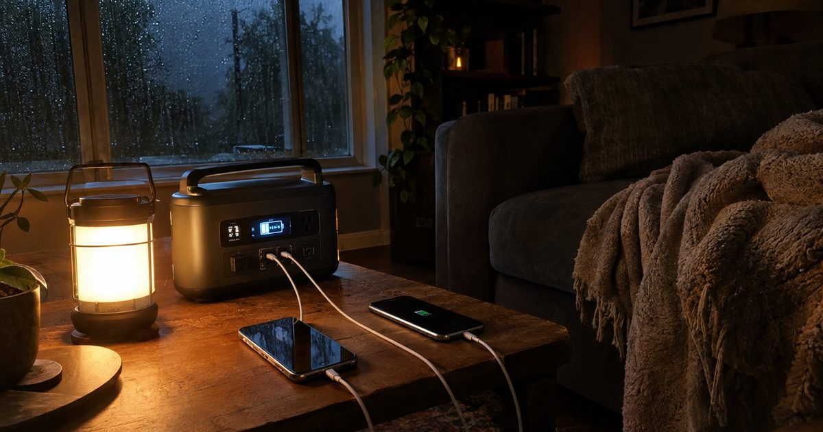 A portable power station and LED lantern lighting a dark living room during a storm