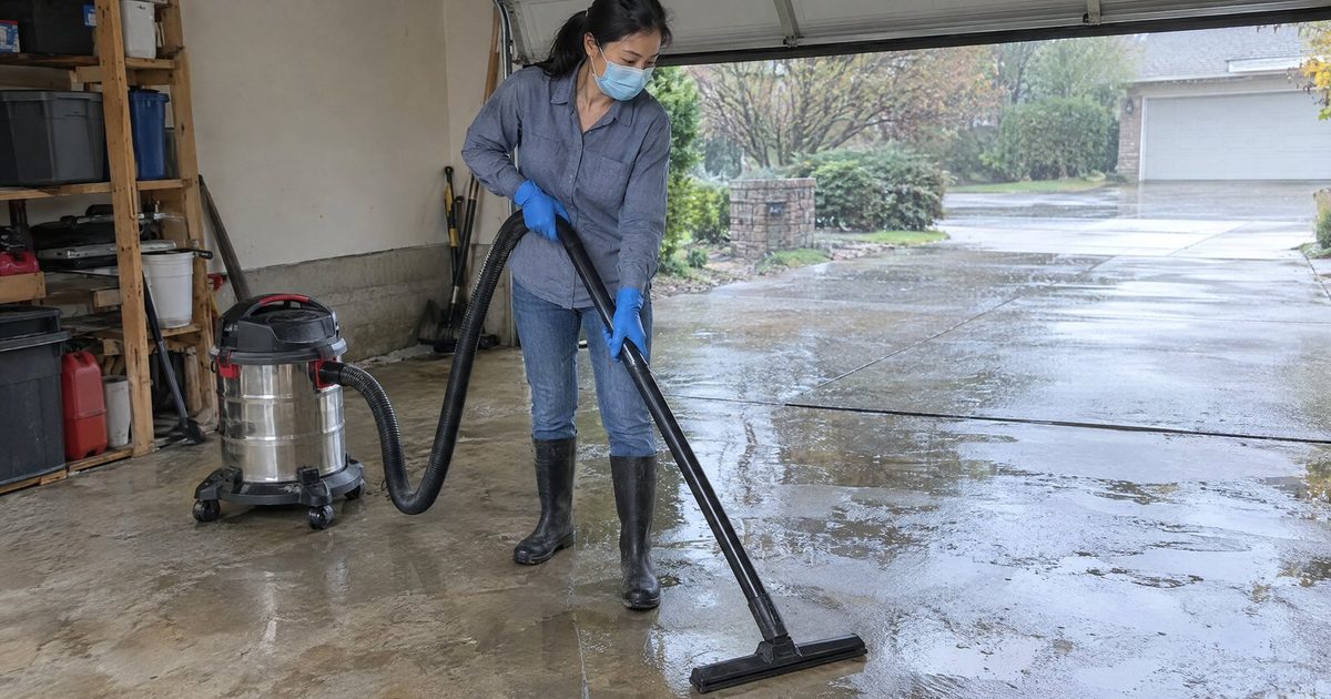 A woman in rubber boots and gloves cleaning up a flooded garage with a wet/dry vacuum